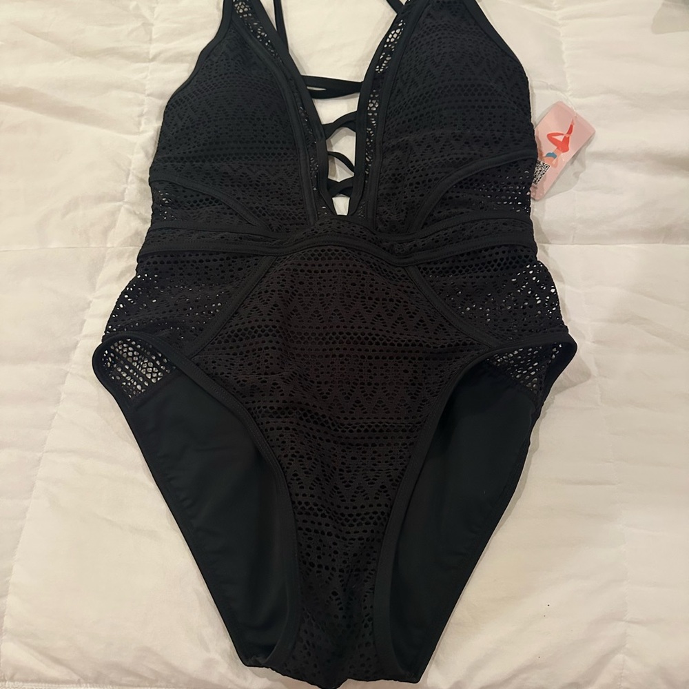 Stylish Black One-Piece Swimsuit with Plunging V-Neck and High-Cut Legs